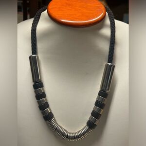 Vintage Aarikka Finland Modernist Barrel Bead Rope Black & Silver Necklace